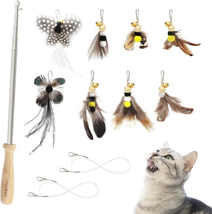 SONGWAY Cat Toys Feather Wand - Retractable Cat Wand Toy and 8 Pieces Insect Cat Feather Toys with Bell, Interactive Cat Toys for Indoor Cats Kittens