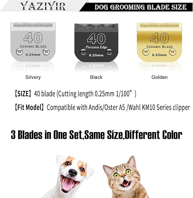 3 Color 40# Detachable Pet Dog Grooming Ceramic Blades,Compatible with Andis,Oster A5,Wahl KM-10 Series,Size #40 Blade 1/100-Inch 0.25MM Cut Lengthï¼_ilver+Black+Goldenï¼