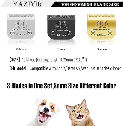 3 Color 40# Detachable Pet Dog Grooming Ceramic Blades,Compatible with Andis,Oster A5,Wahl KM-10 Series,Size #40 Blade 1/100-Inch 0.25MM Cut Lengthï¼_ilver+Black+Goldenï¼
