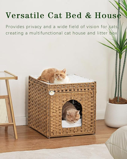 Cat Beds for Indoor Cats Extra Large Double Cat Cave Pet Cube, Handwoven Rattan Cat Houses with Double-Sided Soft Cushions, 18.5 x 20.5 x 19.1 Inches Foldable Hideaway in Living Room Natural