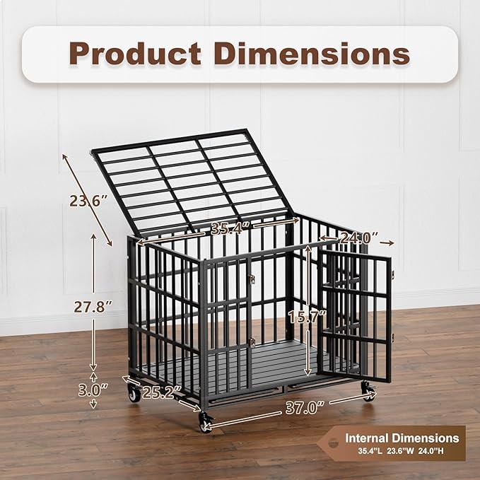 38 Inch Heavy Duty Dog Crate with Wheelsï¼_ndestructible Escape-Proof Dog Cage for Large Dogs, Extra Large XL XXL Indestructible Dog Crate with Removable Tray.