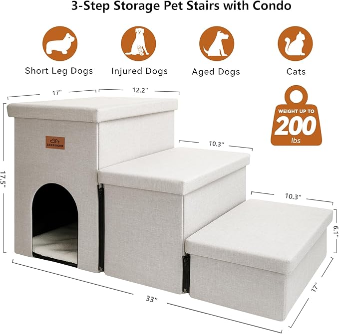Dog Stairs with Condo 17.5" H, 3-Step Wider Dog Steps for High Beds Couch, Folding Storage Pet Stairs Gift for Small/Medium/Large Dogs Cats, Dog Ramp for Climbing Car Hold Up to 200 lbs, Beige Gray