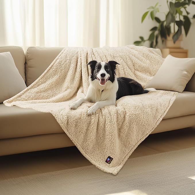 Luciphia Waterproof Pet Blanket for Medium Large Dogs Soft Cat Sherpa Calming Thick Cover Leakproof Cozy Puppy Sofa Bed Car Couch Protector(Beige,63x50 inches)