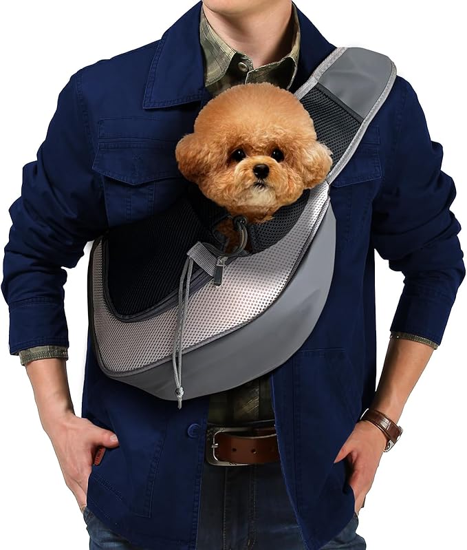 Dog Sling Carrier Pet Puppy Sling Bag Small Dogs Cats Carrier Hand Free Dog Satchel Carrier for Outdoor Travel, Medium, Grey