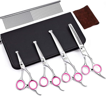 Dog Grooming Kit with Round Tip, 6 in 1 Cat Dog Grooming Scissors, Stainless Steel Pet Grooming Shears for Full Body, Face, Nose, Ear and Paw (pink)