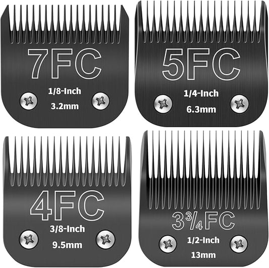 7FC 5FC 4FC 3-3/4FC Detachable Pet Dog Grooming Blades, Compatible with Ainds, Oster A5, Wahl KM-10 and Other Series Clippers, Size: 3.2~13mm Cut Length. Black-4Pcs.