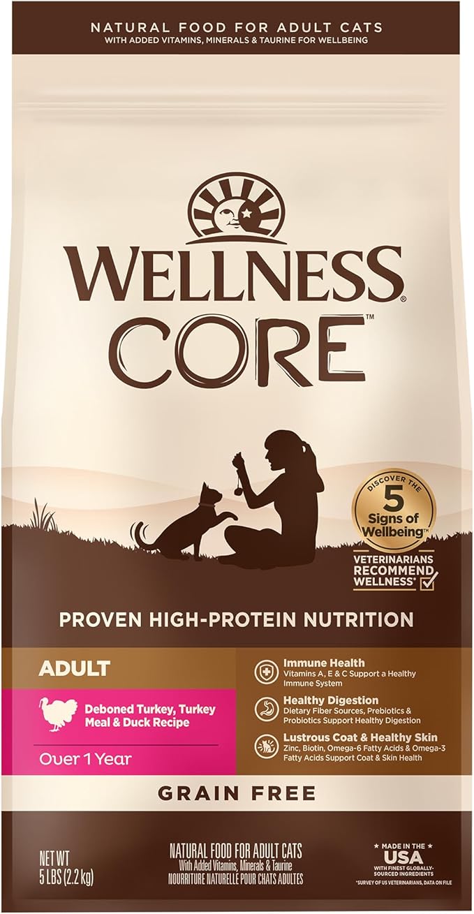 Wellness CORE Adult Dry Cat Food for Indoor & Outdoor Cats, Grain-Free, Natural, Turkey, Turkey Meal and Duck (5 Pound Bag)