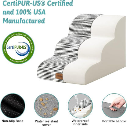 Dog Stairs for Small Dogs, Curved Pet Step with Leakproof Cover, High Density Foam Cat Ramp for Bed or Sofa, Lightweight, Durable, Comfort, 15.7x22.4x15.7 inch, 3 Tiers, White Black