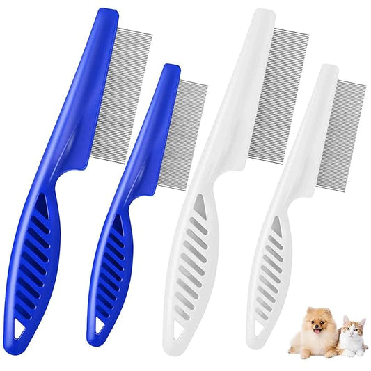 4 Pack Dog Grooming Comb, Pet Flea Lice Combs, Stainless Steel Pet Combs with Rounded Teeth, Professional Metal Cat Tear Stain Remover, Dematting Tool for Small, Medium & Large Pets