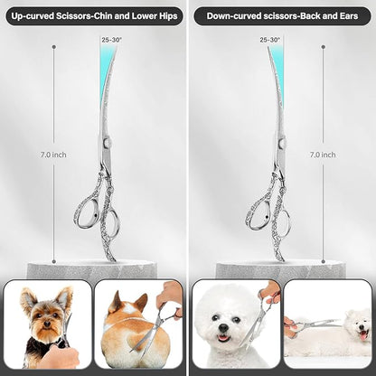 Dog Grooming Scissors,Silver with Safety Round Tips,5 in 1 Curved Dog Scissors for Grooming,Professional Pet Grooming Shears Set for Dogs and Cats
