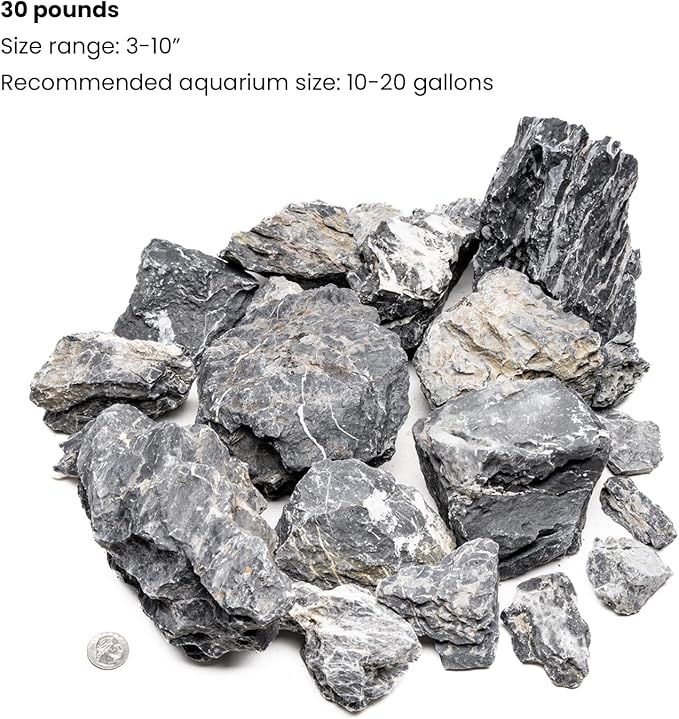 SubstrateSource Natural Stone for Aquarium, Terrarium, Paludarium, Reptile Enclosures - Set of Decorative Rocks for Landcapes, Aquascaping, Fish Tank Decor (Blue Seiryu Stone, 30 Pounds, 3-10)