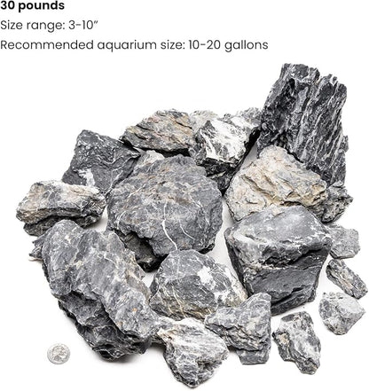 SubstrateSource Natural Stone for Aquarium, Terrarium, Paludarium, Reptile Enclosures - Set of Decorative Rocks for Landcapes, Aquascaping, Fish Tank Decor (Blue Seiryu Stone, 30 Pounds, 3-10)