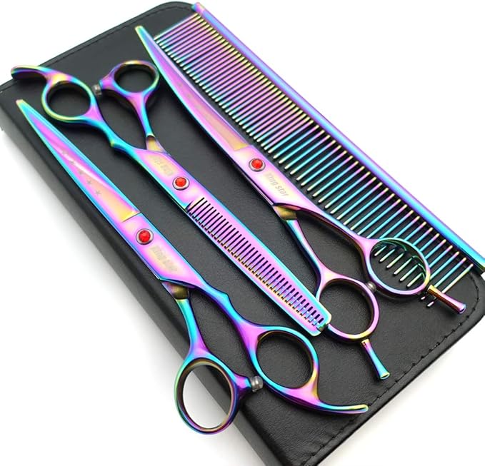 7.0in Titanium Professional Pet Grooming Scissors Set,Straight & Thinning & Curved Scissors 3pcs Set for Dog Grooming,A349 (Rainbow)