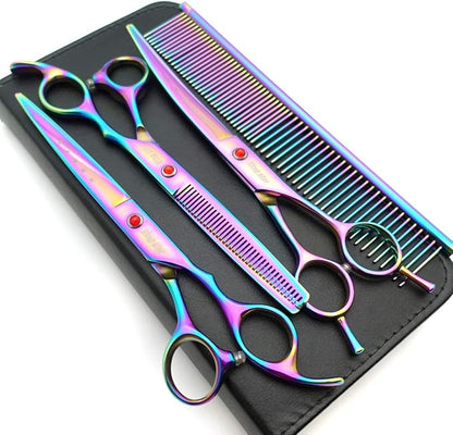 7.0in Titanium Professional Pet Grooming Scissors Set,Straight & Thinning & Curved Scissors 3pcs Set for Dog Grooming,A349 (Rainbow)