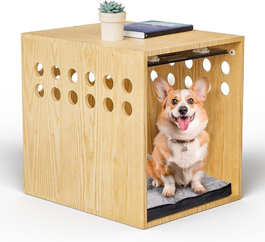 Dog Crate Furniture, SAUCE ZHAN Dog Kennel with Cushion for Small/Medium Dogs, End Side Table Wooden Crate for Pets Indoor, Wood Color