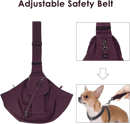 Dog Padded Papoose Sling, Small Pet Sling Carrier Hands Free Carry Adjustable Shoulder Strap Reversible Tote Bag with a Pocket Safety Belt Dog Cat Traveling Subway (5-12lbs, Burgundy)