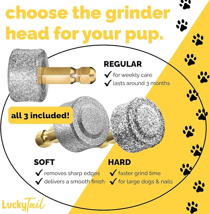 LuckyTail - Dog Nail Grinder - Regular, Hard & Soft Replacement Head - Small & Large Dogs - Premium Quality - Diamond Tip Drill Bit - Professional Dog Nail Trimmers - Grooming Kit - 3 Pack