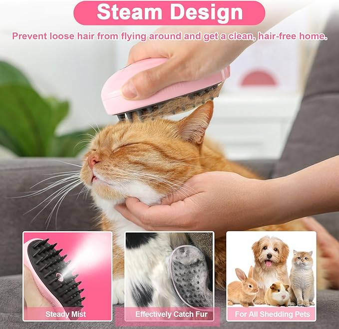 Nepfaivy Cat Steam Brush for Shedding - Steamy Cat Brush for Indoor Cats, Cat Hair Steam Brush for Massage, Spritz Defur Comb for Cats, Pet Steamer Brush for Shorted and Long Haired Dogs