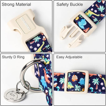 DOGWONG Cotton Dog Collar, Blue Dinosaur Dog Collar for Small Medium Large Dogs