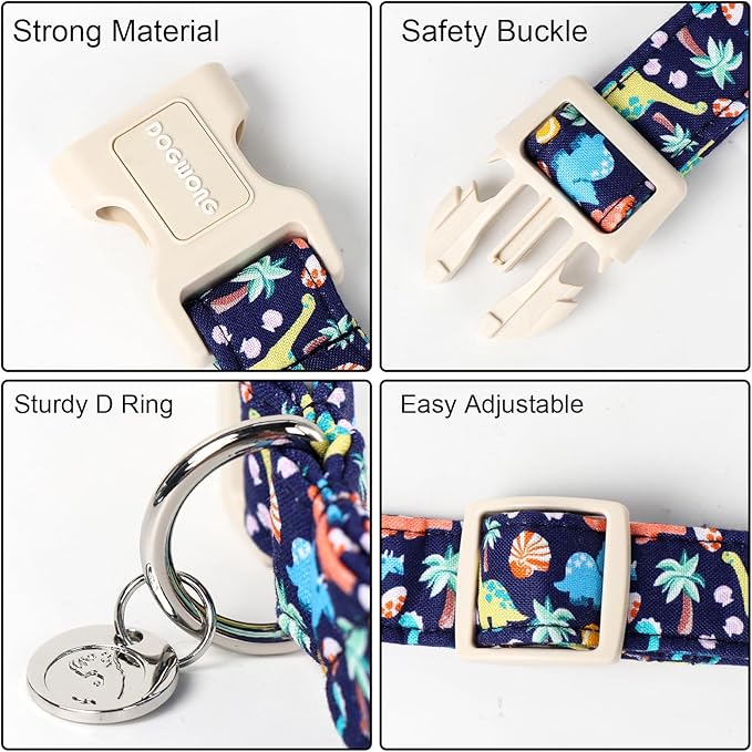 DOGWONG Cotton Dog Collar, Blue Dinosaur Dog Collar for Small Medium Large Dogs