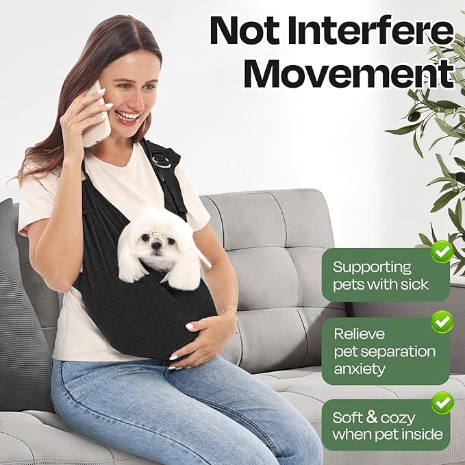 Supet Dog Sling Carrier for Small Dogs, Anti-Anxiety Hands Free Cat Sling Carrier, Soft Cotton Front Facing Dog Carrier, Adjustable Swaddle Wrap, Reducing Back Neck Neck Pain(Regular, Black)