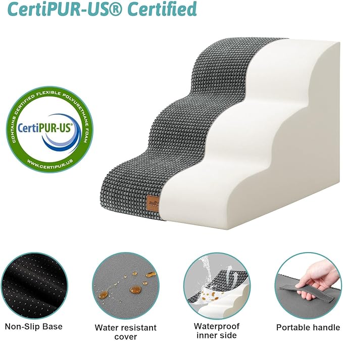 Dog Stairs for Small Dogs, Curved Pet Step with Leakproof Cover, High Density Foam Cat Ramp for Bed or Sofa, Lightweight, Durable, Comfort, 15.7x22.4x15.7 inch, 3 Tiers, Dark Grey