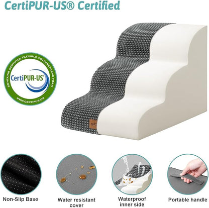 Dog Stairs for Small Dogs, Curved Pet Step with Leakproof Cover, High Density Foam Cat Ramp for Bed or Sofa, Lightweight, Durable, Comfort, 15.7x22.4x15.7 inch, 3 Tiers, Dark Grey