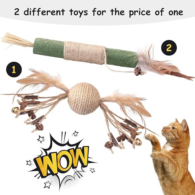 PAZ'S GIFT Cat Toys Catnip Toys Cat Kick Toy Natural Silvervine Catnip Sticks Kitten Teeth Molar Chew Toys, cat Indoor Toys Interactive cat Cleaning Teeth,Reduce Obesity and Loneliness 2-Pack