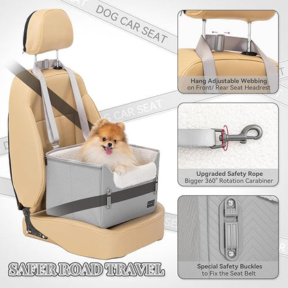 PETSFIT Dog Booster Seat, Portable Dog Car Seats for Small Dogs with Clip-On Leash, Patented Safe Buckles, Dog Booster Car Seat Suitable for Small Pets Up to 25lbs (Light Grey)