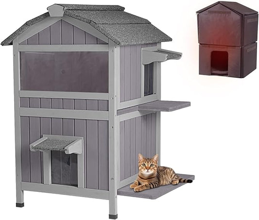 Aivituvin Outdoor Cat House Insulated Two Story Feral Cat Shelter Weatherproof Cat Enclosure for Winter with Escape Doors