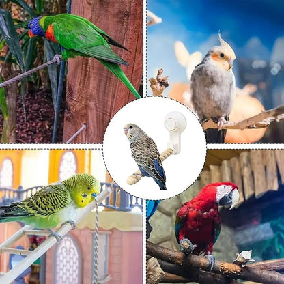 Bird Perch Stand, Bird Toys for Parakeets, Cockatiel, Parrot, Conure, Budgie, Lovebird, Movable with Suction Cup, White, Wood, ABS Plastic