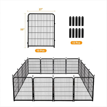 Doorless 56in(H) Black Metal Garden Fences and Borders, 10 Panels Total 22.1 Ft(L), Garden Fence for Dogs, Animal Barrier Fence, Fencing for Flower Beds, Dog Digging Fence Barrier