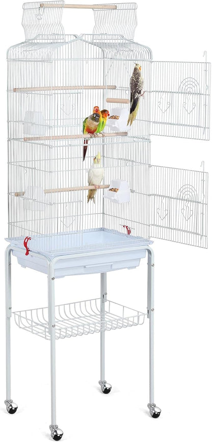 Yaheetech 64-inch Open Play Top Bird Cages for Parakeets Cockatiels Finches Lovebirds Canaries Conures Budgies Parrot Birdcage w/Detachable Rolling Stand, White