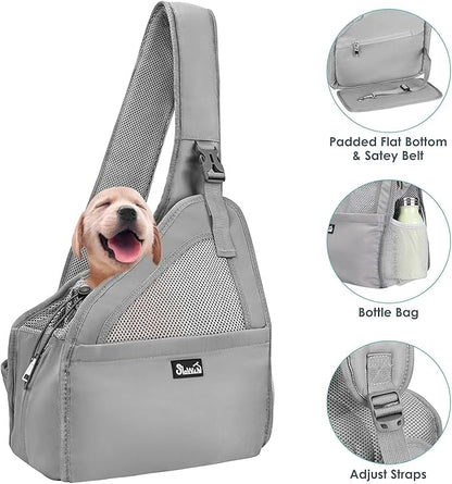 SlowTon Pet Dog Sling Carrier, Hands Free Hard Bottom Papoose Small Animal Puppy Up to 6 lbs Travel Bag Tote Breathable Mesh Support Adjustable Padded Strap Pocket Safety Belt Machine Washable