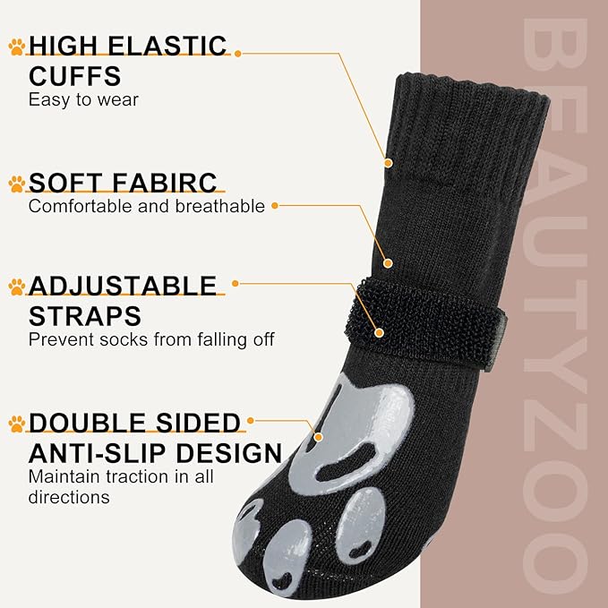 BEAUTYZOO Dog Socks, Non Slip Dog Socks to Prevent Licking Paws -Dog Shoes for Hot/Cold Pavement, Dog Boots & Paw Protectors, Dog Booties for Hardwood Floors, Small Medium Large Senior Dogs