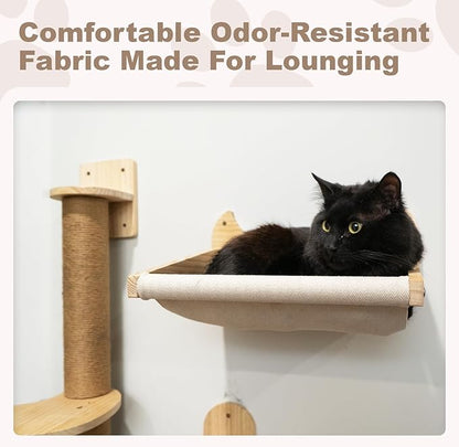 Window/Wall Mount Cat Wall Shelves by Pet Savvy – Cat Hammock (Oatmeal), Scratching Post with Landing, Two Steps – Natural Pine, Jute Rope, Sized for Cats up to 25lbs – 4 pc Set