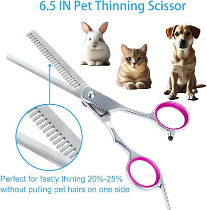 5 in 1 Premium Dog Grooming Scissors, Professional Dog Scissors for Grooming with Safety Round Tips, Lengnoyp Stainless Steel Thinning Shears, Dog Pet Cat Shears for Grooming Kit, Pink