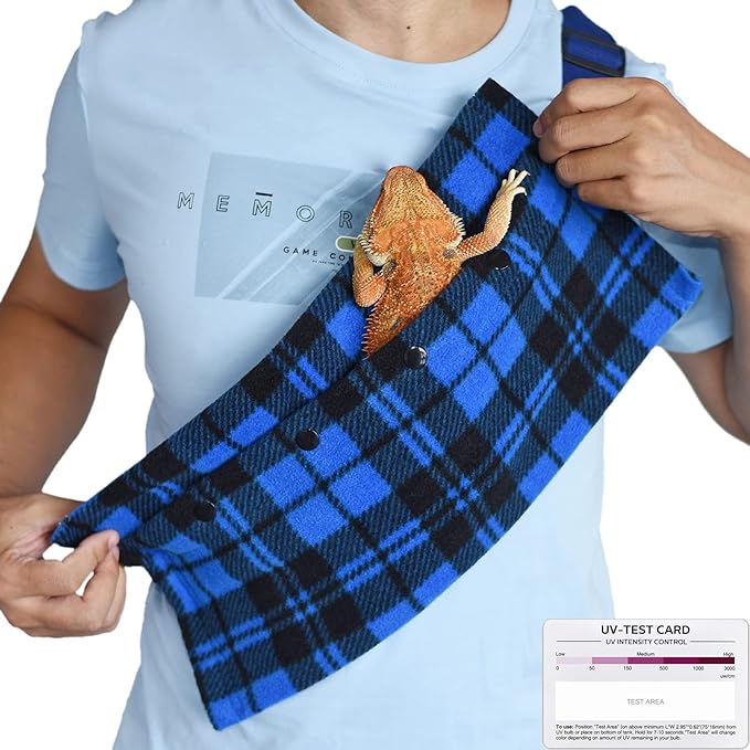 LIKZINWA Small Animal Sling Carrier,Bearded Dragon Carrier Lizard Carrier and Reptile Carrier with Adjustable Strap (Blue-Square)+UV Sensor Card