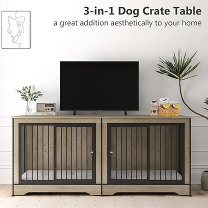 Rovibek 75 Inch Dog Crate Furniture for 2 Dogs, Wooden Dog Cage Furniture, Decorative Dog Kennels with Double Doors, Double Dog Kennel Furniture, Dog Crate TV Stand for Large Dogs, Grey