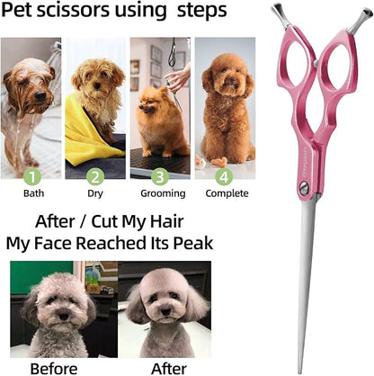 6.5" Dog Grooming Scissors Ultra-Light Aluminum Handle Scissors for Dogs and Cats Straight Cutting Shears Professional Pet Quick Trimming Sharp (Pink-Straight)