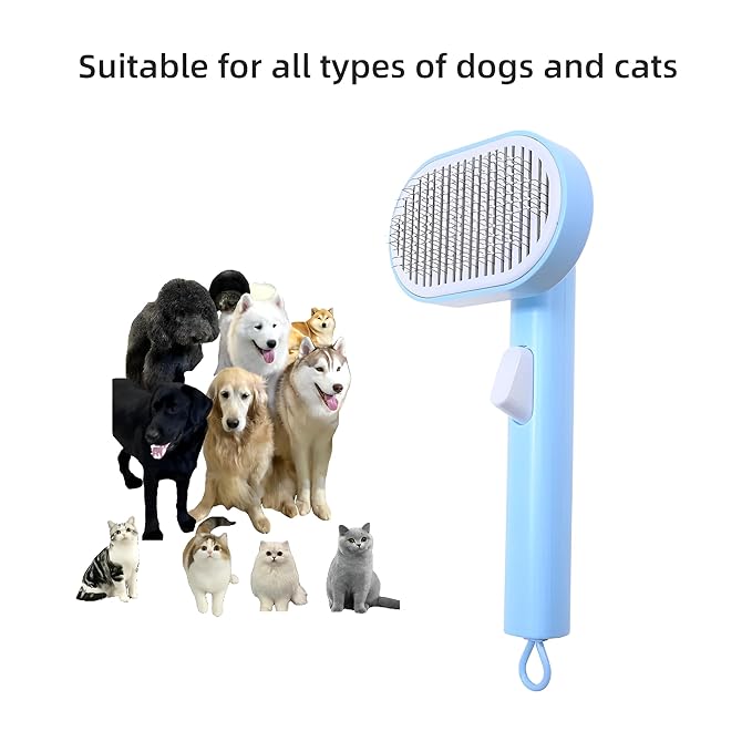 Blue Dog Grooming Brush - Shedding Comb with Soft Silicone Bristles for Long and Short-haired Dogs, Cat Brush, Removes Loose Hair and Tangles