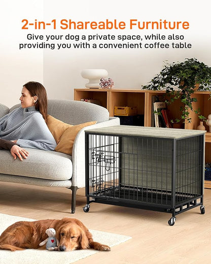 Dog Crate Furniture, Dog Kennel Indoor Double Doors Wooden Dog Cage, 32'' Dog Crate with Pull-Out Tray & Removable Wheels, Decorative End Table Pet House Chew-Resistant for Medium Dog, Rustic Grey