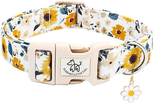 Elegant little tail Dog Collar,Sunflower Pattern Pet Collar Cute Durable Spring Female or Male Adjustable Cotton Pet Collar with Quick Release Buckle for X-Small Puppy