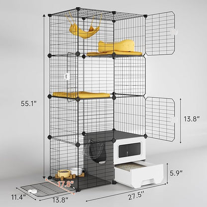 Oneluck Cat Cage Indoor with Litter Box 3-Tier DIY Cat Detachable Metal Wire Kennel Crate Large Exercise Place Ideal for 1-2 Kitties