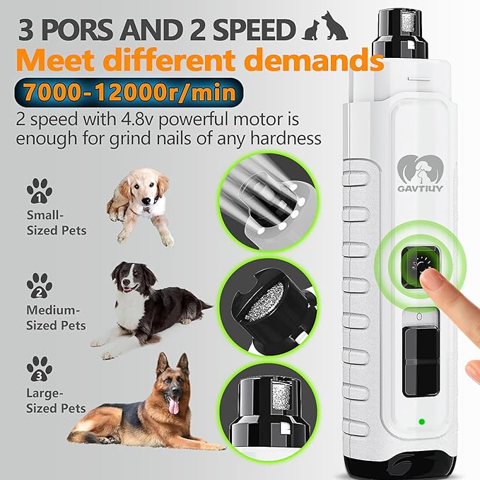 Dog Nail Grinder Quiet - (45db) 3 LED Lights Pet Nail Grinder with 12000RPM 2-Speed High Power for Large Small Dogs/Cats,Rechargeable Electric Silent Pet Toenail Grinder with Dust Cap (White)