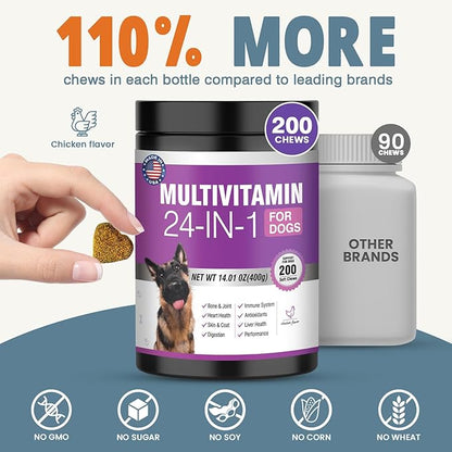 24-in-1 Dog Vitamins and Supplements 200 Ct Dogs Multivitamin Chewable Contain Chondroitin Probiotics Omega-3 Glucosamine for Dogs Skin Coat Heart Joint Gut Liver Brain Eyes Immune Support - Chicken