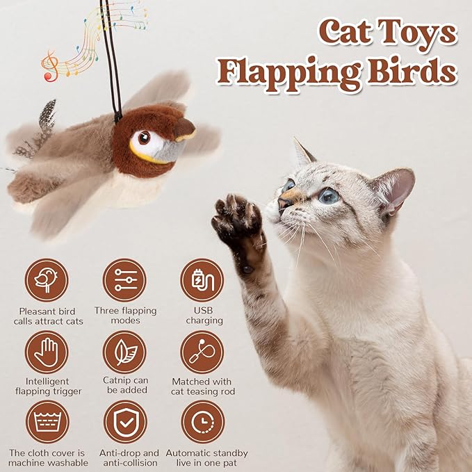 Interactive Chirping&flapping Wings Bird Cat Toy:2025 Electric Flying Cat Toy for Indoor Cats,Realistic Chirping Bird Cat Toy-automatic Flapping Motion,Rechargeable Bird Toys for Cats,Flutters,Not Fly