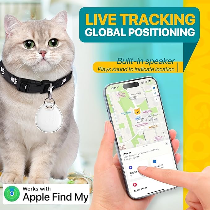 Dog Tracker-Airtag Cat Collar-Cat Tracker Collar-Pet Tracker(Only iOS) | MFi Certificated | No Monthly Fee | No Charging Required | Waterproof | Works with Any Collar