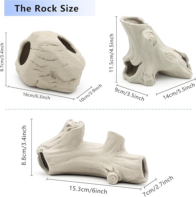 Aquarium Decorations Stackable Ceramic Artificial Stump Cave,Betta Fish Tank Accessories Hollow Tree Stump Decor 3-Piece Set