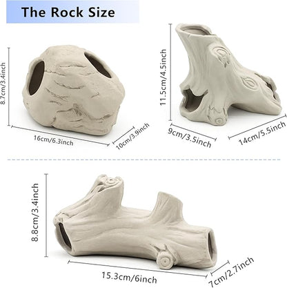 Aquarium Decorations Stackable Ceramic Artificial Stump Cave,Betta Fish Tank Accessories Hollow Tree Stump Decor 3-Piece Set